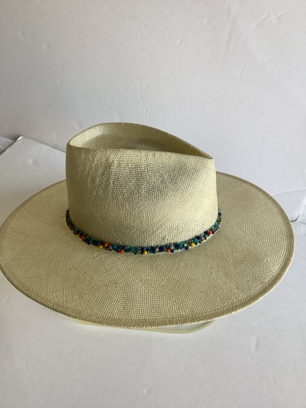 Eugenia Kim Wide Brim Straw Fedora Hat Beaded Band Resort Coastal Chic - Picture 15 of 15
